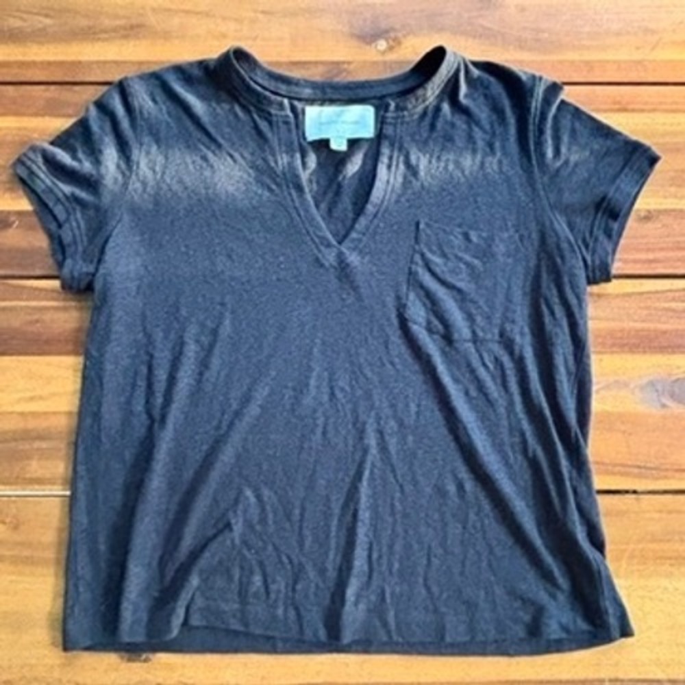 Brochu Walker Linen Blend V Neck Tee Black Short Sleeve Size M